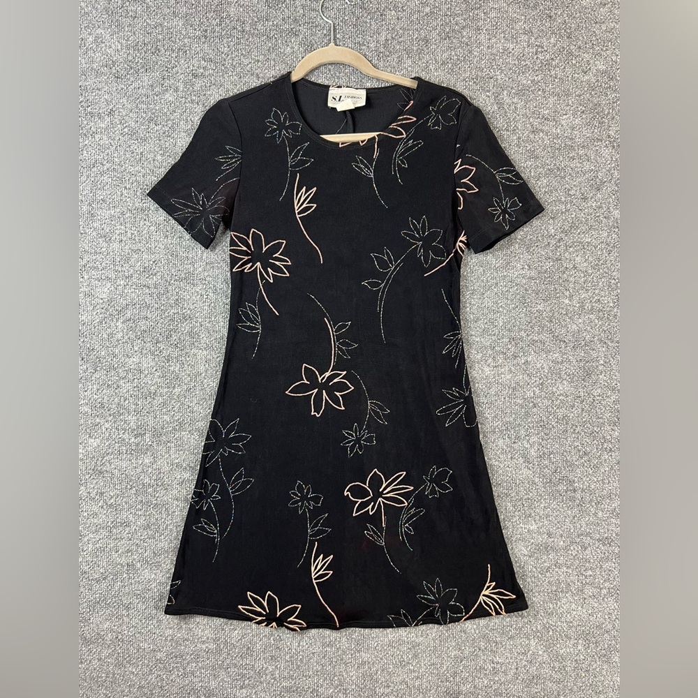 Vintage S.L. Fashions Mini Dress Women Size 4‎ Black Floral Sparkle Petite Fairy